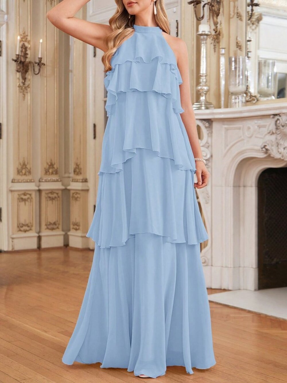 Baby Blue Casual Women's Halter Neck Ruffle Dress - Picture 5 of 9